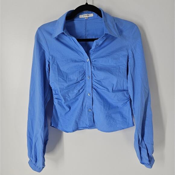 Moussy Blue Rouched Button Down Long Sleeve Top F - Picture 1 of 9
